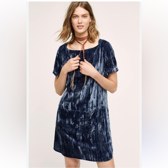 Anthropologie FLOREAT Blue Crinkled Crush Velvet Drop Waist With Pockets Small - Picture 1 of 16